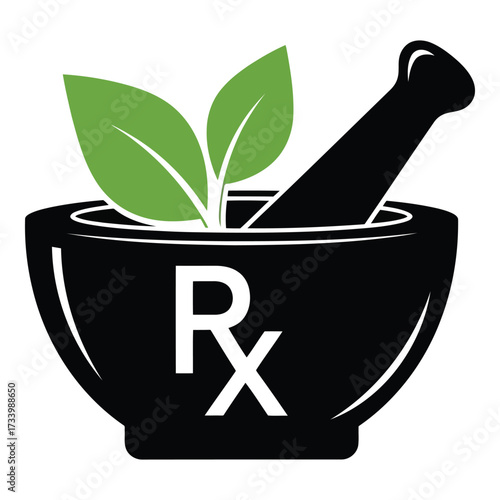 Vector art of mortar and pestle with rx symbol and green leaves