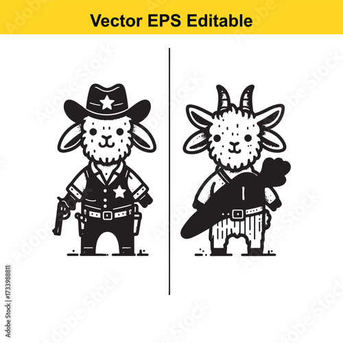 Cute cartoon goat cowboy holding a gun and another goat holding a carrot