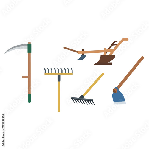 Collection of agricultural tools for farming and gardening activities.