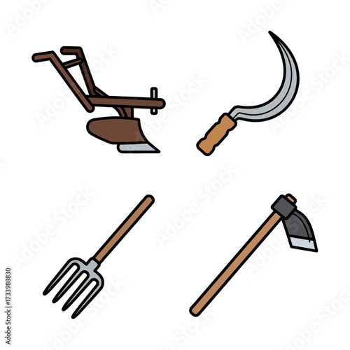 Collection of agricultural tools for farming and gardening activities.