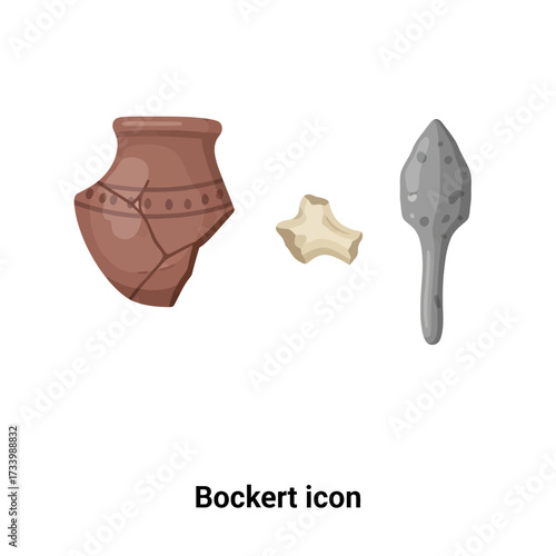 Collection of ancient archaeological artifacts including pottery bone and spearhead.