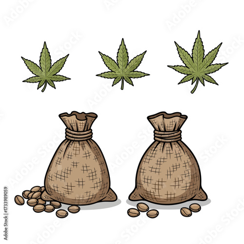 Cannabis Seeds and Leaves with Burlap Sacks Illustration.