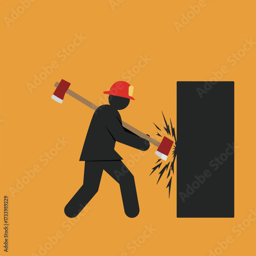 Silhouette firefighter with axe breaks down wall