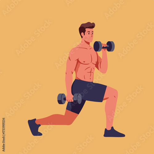 Muscular man doing lunges with dumbbells, fitness pose