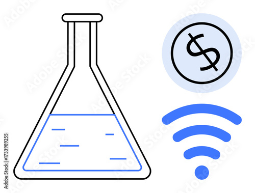 Laboratory flask with liquid, dollar coin, and wireless symbol representing innovation, funding, connectivity, research, technology, financial growth and networking. Ideal for science innovation