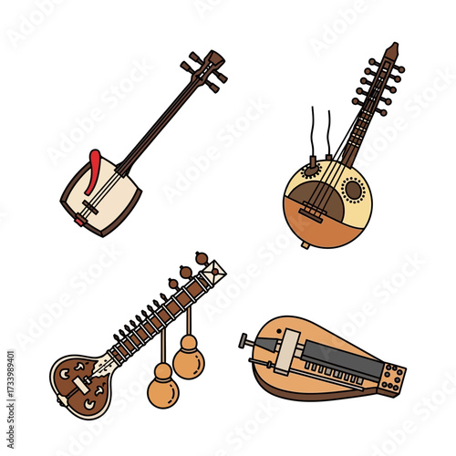 Collection of Four Stringed Musical Instruments.