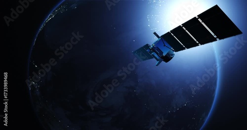 Communication satellite flying above earth in outer space. Technology and space related 3d animation.