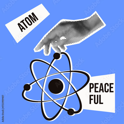 Peaceful Atom. Vector illustration of trendy Halftone hand with peace Atom white outline and modern typography. Perfect peaceful Atom concept poster Atomic company placard flyer template design. 