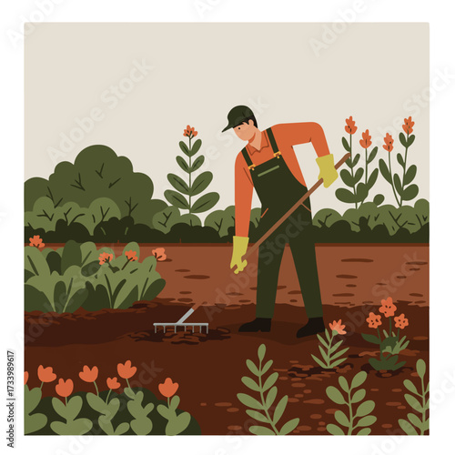 Gardener raking soil amidst colorful flowers and lush green foliage