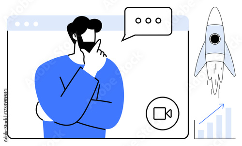 Thoughtful man in video call window with dialogue box, rocket launching, and growth chart. Ideal for brainstorming, innovation, virtual collaboration, startup, technology growth success. Simple