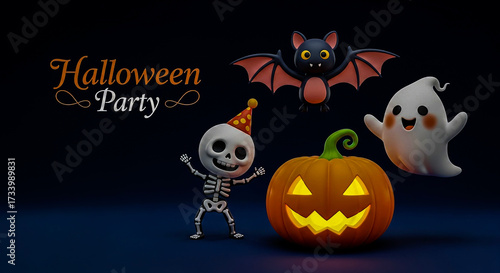 A happy skeleton in a party hat dances with a smiling ghost cheerful bat and carved pumpkin as part of a playful Halloween Party invitation full of festive spooky vibes  