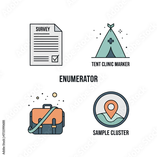 Enumeration survey icons including survey document tent clinic marker bag and sample cluster location.