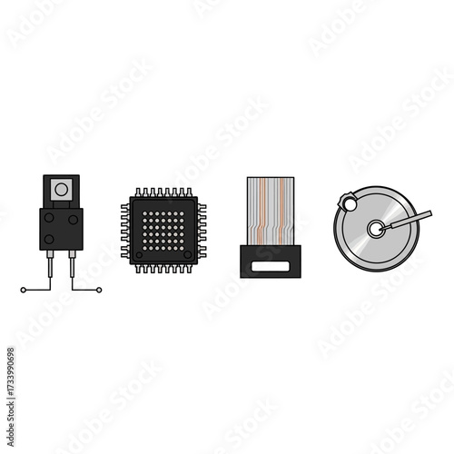 Electronic Components - Transistor, Microchip, Connector, and Hard Drive.