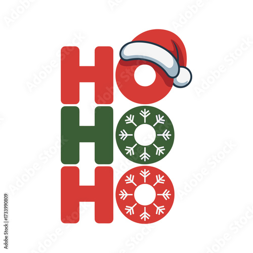 Festive ho ho ho christmas typography design with santa hat and snowflakes