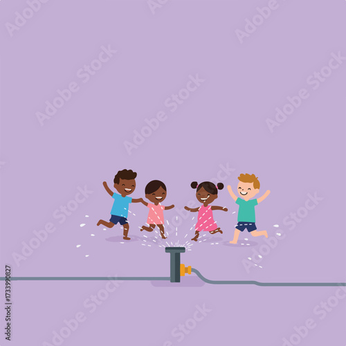 Diverse children joyfully run through sprinklers on a pale purple background