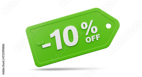 Green tag showing a ten percent discount isolated on white background