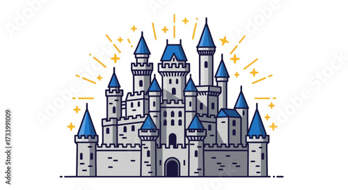 Fantasy Castle Illustration with Turrets and Starbursts radiating around the architectural design