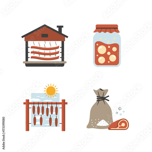 Food preservation methods including smoking drying and pickling illustrated.