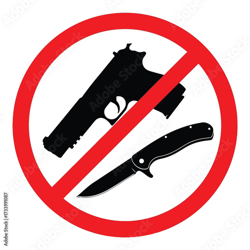Vector art of no weapons allowed sign with gun and knife symbols isolated on white