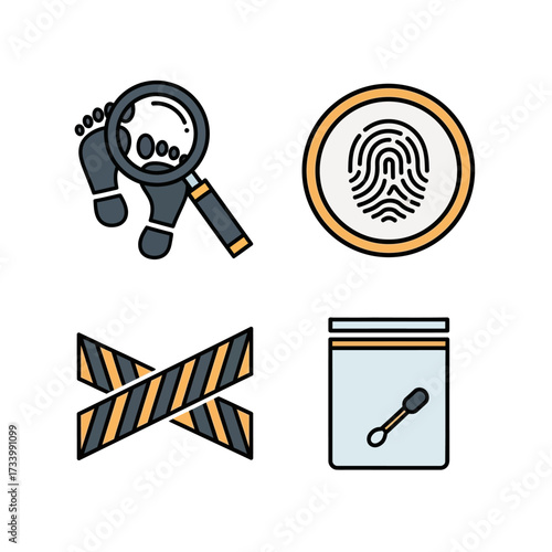 Forensic investigation tools and evidence collection icons.