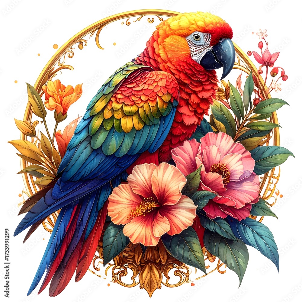 Fototapeta premium Majestic tropical parrot and floral composition high resolution picture
