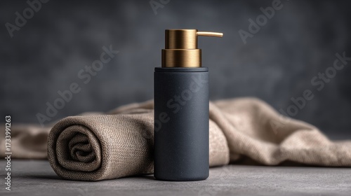 a dark grey cylindrical soap dispenser mock up