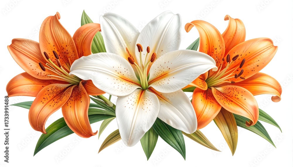 Obraz premium Natural lilies in full bloom with foliage shown high resolution photo