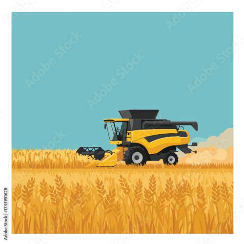 Yellow combine harvester working in a golden wheat field under a clear sky