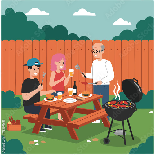Diverse people enjoy a backyard barbecue, grilling food, and drinking beverages outdoors