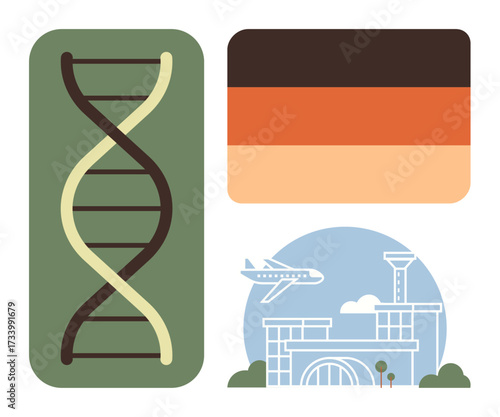 DNA strand on green, German flag, and airport with airplane in blue circle. Ideal for science, genetics, travel, nationality, biotechnology global mobility experimentation. Modern simple flat