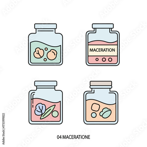 Four jars with different ingredients inside for maceration process.