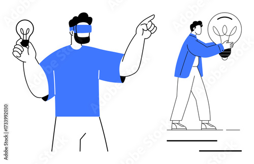 Man using virtual reality glasses holding a lightbulb, another carrying an oversized lightbulb. Ideal for innovation, AR, creativity, teamwork, technology, problem-solving progress. Simple flat