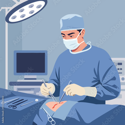 Surgeon performing delicate procedure under bright surgical lamp in operating room