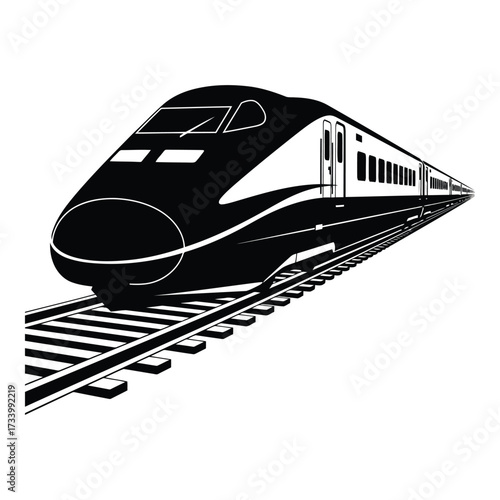 Vector art of modern highspeed train on railway tracks, black and white illustration