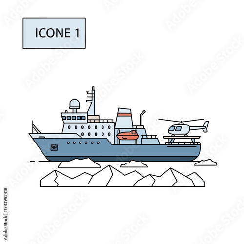 Icebreaker ship with helicopter on deck vector illustration.