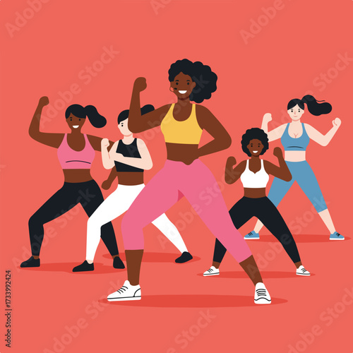 Five women in athletic wear striking confident poses with raised fists