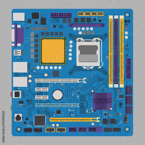 Detailed illustration of a blue computer motherboard with various components