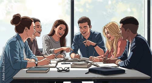 Diverse group of young people collaborating at a table
