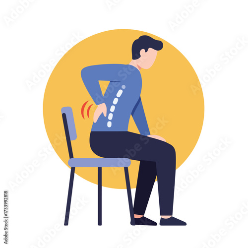 Man sitting on chair with back pain, illustrated with stylized spinal curve