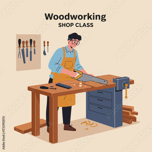 Man sawing wood in a shop class, surrounded by tools and materials