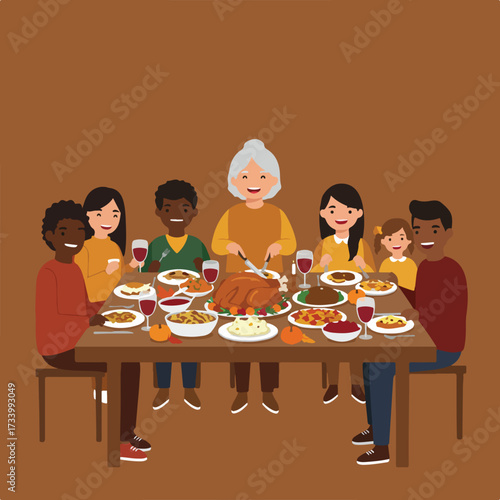 Diverse family gathers for festive meal, carving turkey and enjoying food