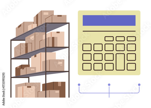 Metal shelf stacked with cardboard boxes beside a digital keypad symbolizing inventory calculation and logistics. Ideal for supply chain, stock management, ecommerce, warehouse organization, retail