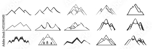 Mountain icon set. Silhouette vector shapes, peaks, travel, hike, camping, adventure, logo elements, retro patches and badges on transparent background
