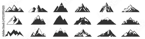 Mountain vector icons set. Silhouette peaks, travel, hiking, climbing, adventure elements and logo shapes on transparent background