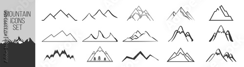 Mountain vector icons set. Silhouette peaks, travel, hiking, climbing, adventure elements and logo shapes on transparent background