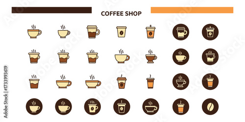 Collection of coffee cups and mugs arranged on white background, representing various hot beverages and coffee shop items in a simple, clean style.