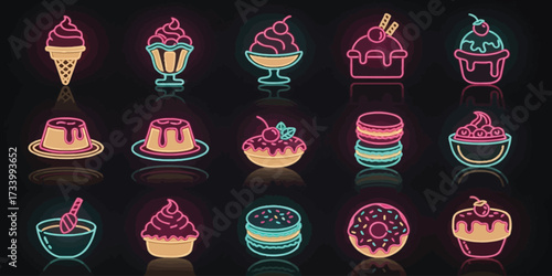 Neon dessert icons glow on black background, showcasing various sweet treats like ice cream, pudding, and cakes in a vibrant, modern style.