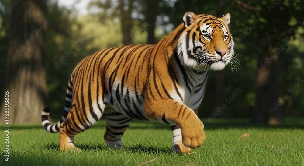 Obraz premium Majestic Tiger Walking Through Green Grass in Forest