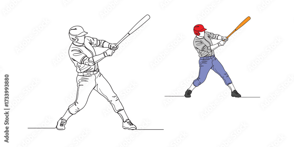 Obraz premium Minimal line art vector illustration of a baseball hitter swinging a bat. Clean, modern design ideal for sports, baseball-related content, infographics, and educational materials.