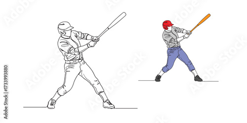 Minimal line art vector illustration of a baseball hitter swinging a bat. Clean, modern design ideal for sports, baseball-related content, infographics, and educational materials.